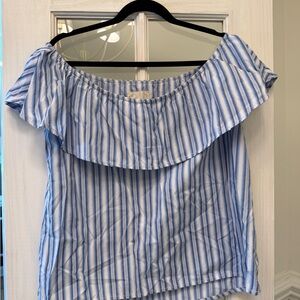 Altar'd State Blue & White Striped Off-Shoulder Ruffle Top